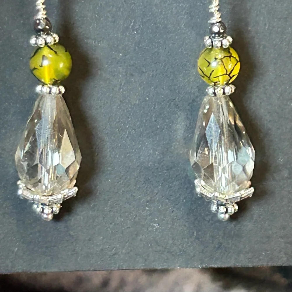 Handcrafted raindrop faceted rutilated quartz dragon vein hematite earrings